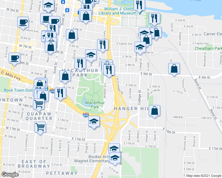 map of restaurants, bars, coffee shops, grocery stores, and more near 1016 Interstate 30 Frontage Road in Little Rock