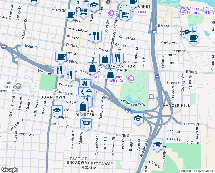 map of restaurants, bars, coffee shops, grocery stores, and more near 1116 Rock Street in Little Rock
