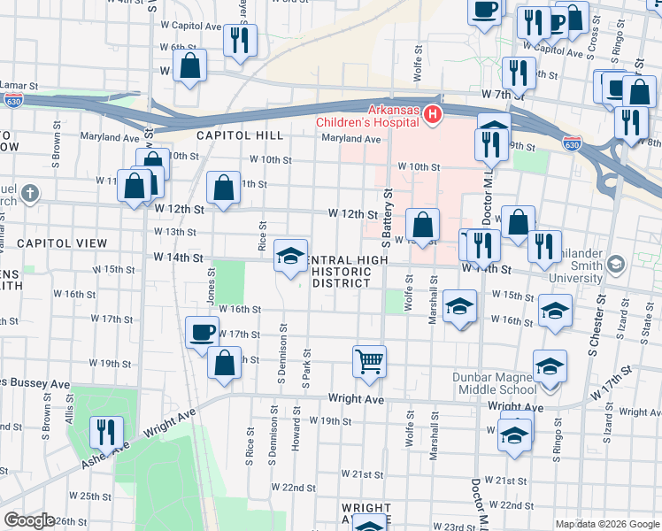map of restaurants, bars, coffee shops, grocery stores, and more near 1419 South Schiller Street in Little Rock