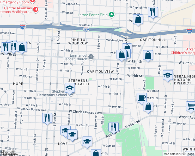 map of restaurants, bars, coffee shops, grocery stores, and more near 3217 West 15th Street in Little Rock