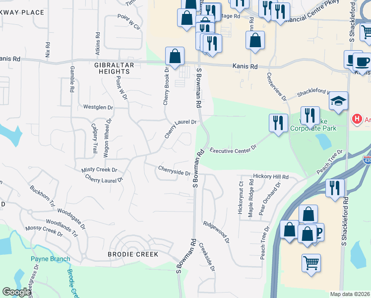 map of restaurants, bars, coffee shops, grocery stores, and more near 67 Springridge Court in Little Rock