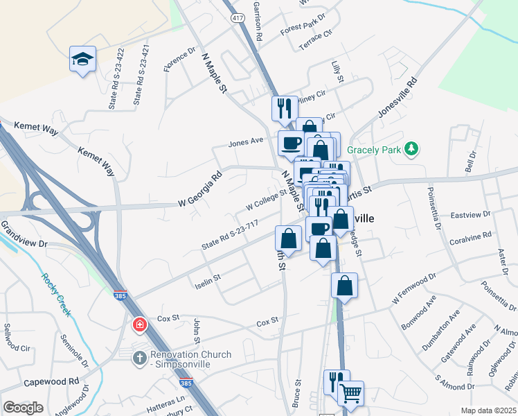 map of restaurants, bars, coffee shops, grocery stores, and more near 311 West College Street in Simpsonville