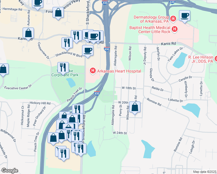 map of restaurants, bars, coffee shops, grocery stores, and more near 1718 Aldersgate Road in Little Rock