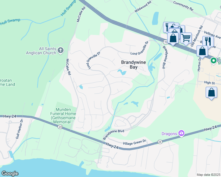 map of restaurants, bars, coffee shops, grocery stores, and more near Lord Granville Drive in Morehead City