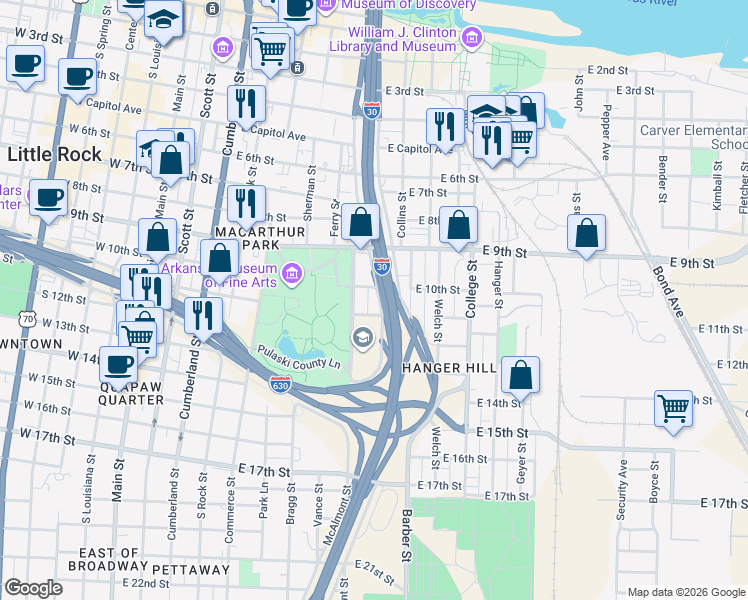map of restaurants, bars, coffee shops, grocery stores, and more near 1016 Interstate 30 Frontage Road in Little Rock