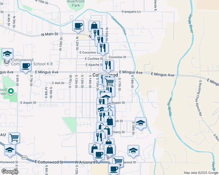 map of restaurants, bars, coffee shops, grocery stores, and more near 121-129 S Main St in Cottonwood