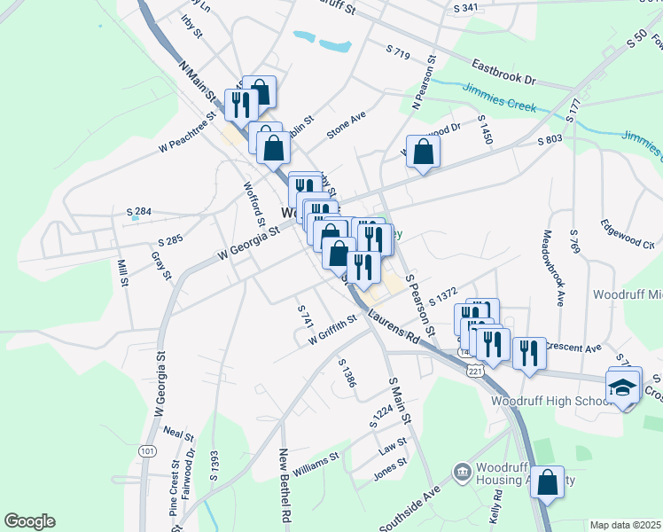 map of restaurants, bars, coffee shops, grocery stores, and more near 250 South Main Street in Woodruff