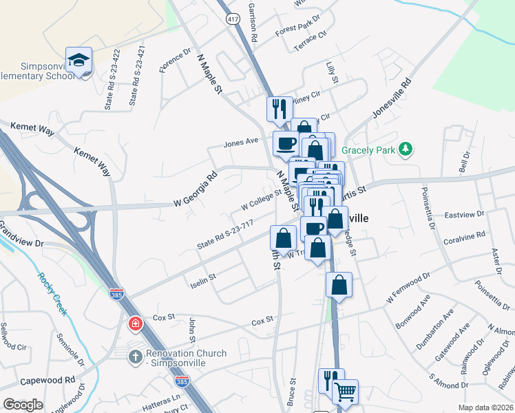 map of restaurants, bars, coffee shops, grocery stores, and more near 302 West Curtis Street in Simpsonville
