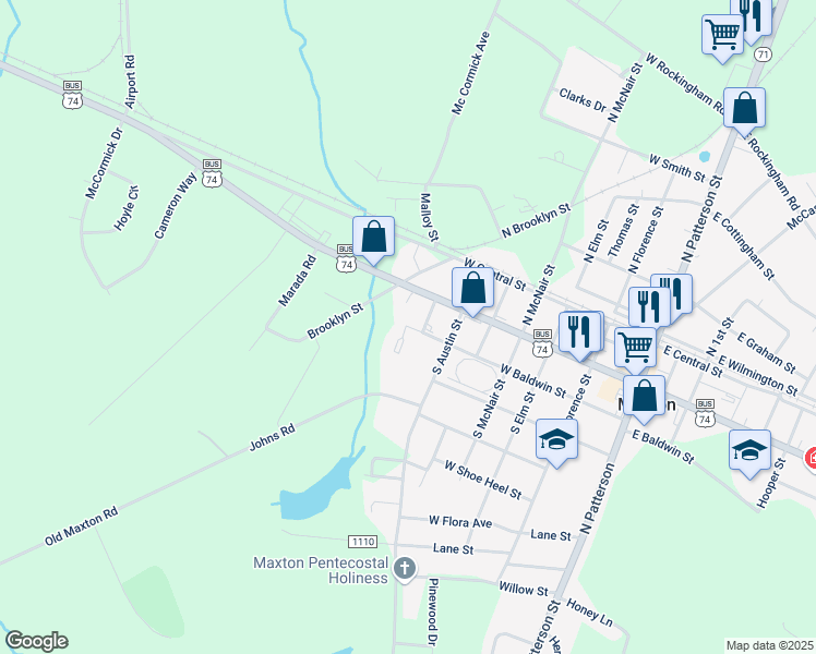 map of restaurants, bars, coffee shops, grocery stores, and more near 701 West Baldwin Street in Maxton