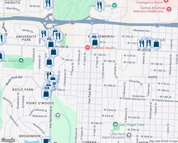 map of restaurants, bars, coffee shops, grocery stores, and more near 1522 Fair Park Boulevard in Little Rock