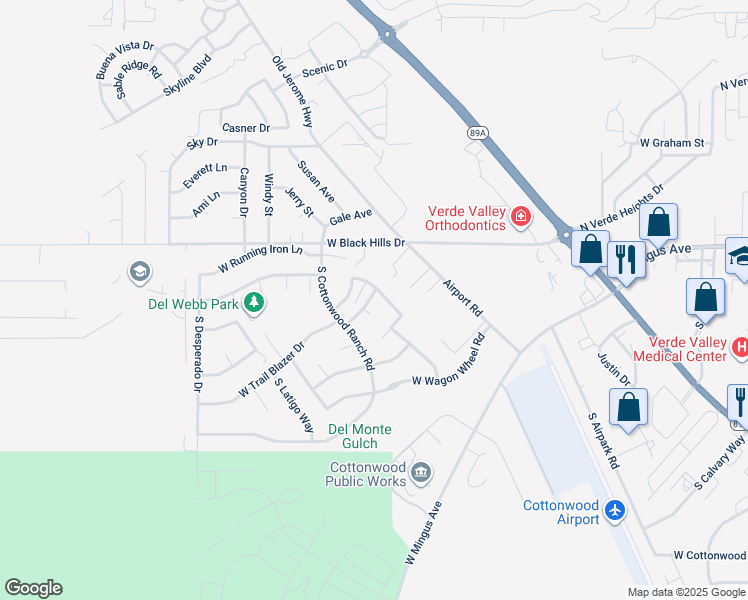 map of restaurants, bars, coffee shops, grocery stores, and more near 1735 West Tumbleweed Lane in Cottonwood