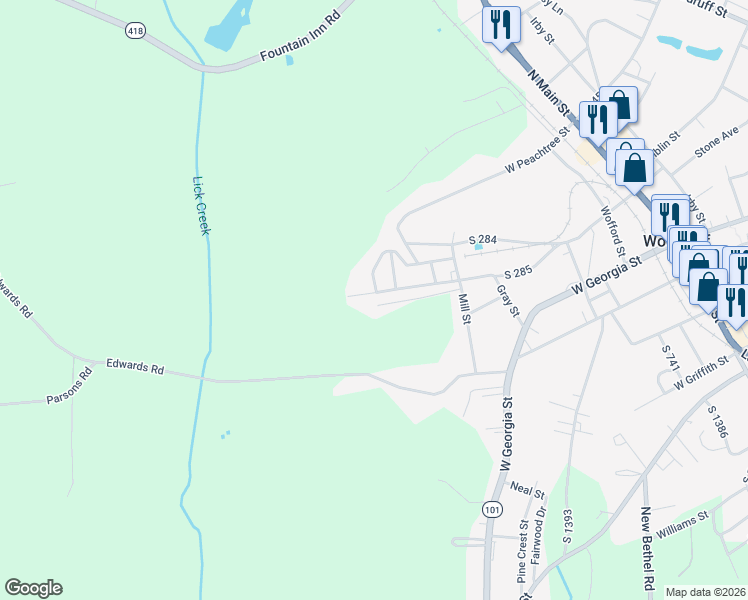 map of restaurants, bars, coffee shops, grocery stores, and more near 741 Gray Street in Woodruff