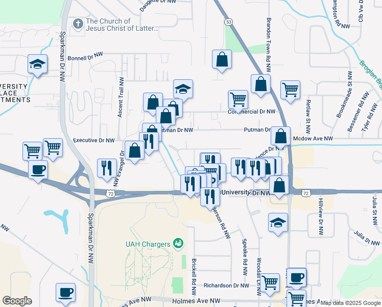 map of restaurants, bars, coffee shops, grocery stores, and more near 1405 Lancewood Drive Northwest in Huntsville