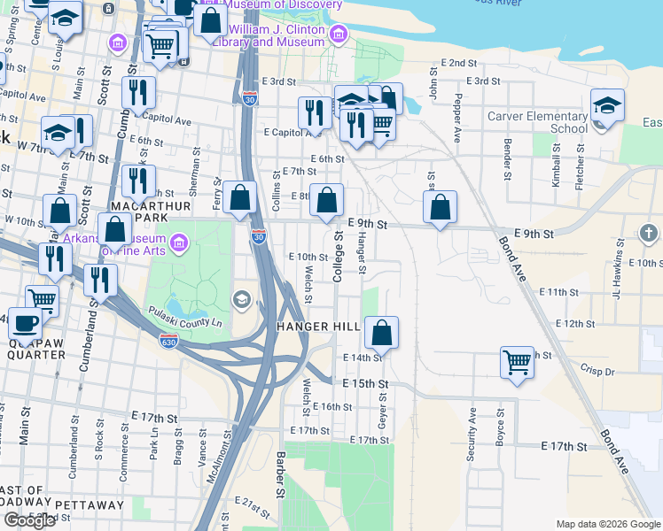 map of restaurants, bars, coffee shops, grocery stores, and more near 1010 East 11th Street in Little Rock