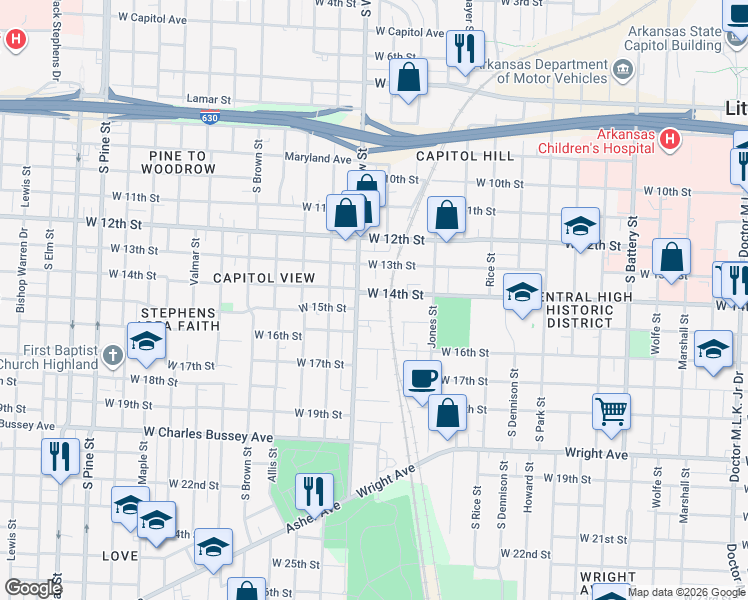 map of restaurants, bars, coffee shops, grocery stores, and more near 2820 West 15th Street in Little Rock