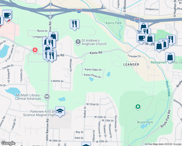 map of restaurants, bars, coffee shops, grocery stores, and more near 8117 Kanis Pines Drive in Little Rock