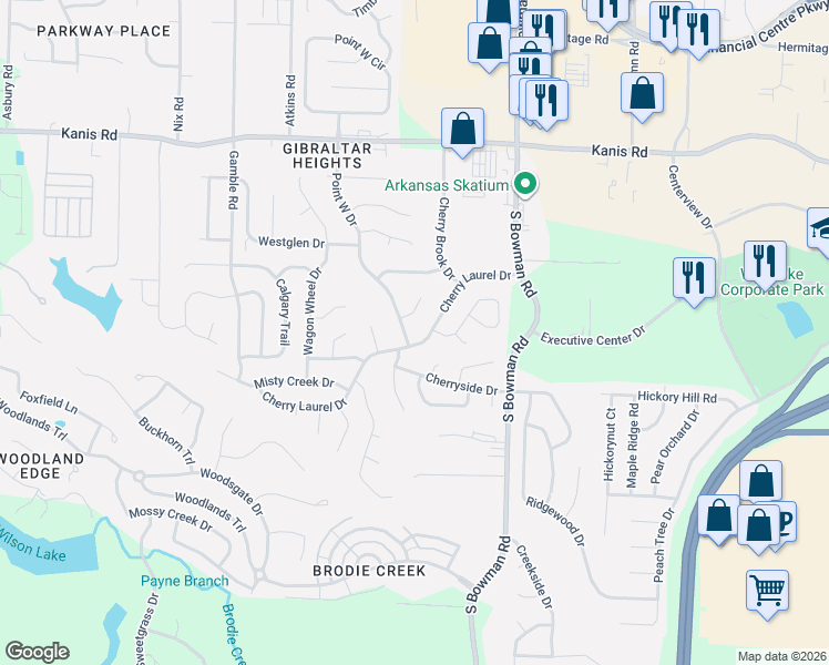 map of restaurants, bars, coffee shops, grocery stores, and more near 1900 Brookford Drive in Little Rock