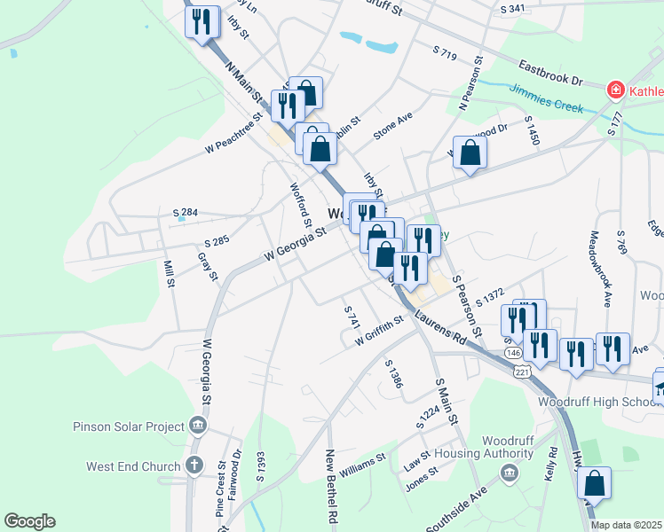 map of restaurants, bars, coffee shops, grocery stores, and more near 237 West Hayne Street in Woodruff