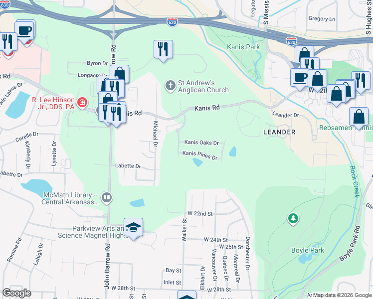 map of restaurants, bars, coffee shops, grocery stores, and more near 8117 Kanis Pines Drive in Little Rock