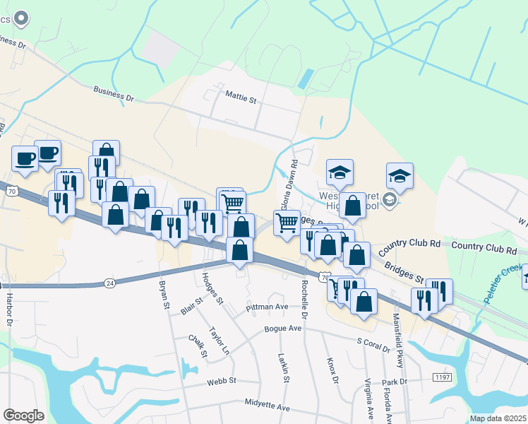 map of restaurants, bars, coffee shops, grocery stores, and more near 101 Gloria Dawn Road in Morehead City