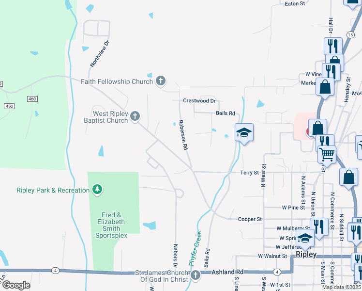 map of restaurants, bars, coffee shops, grocery stores, and more near 745-747 West Cooper Street in Ripley