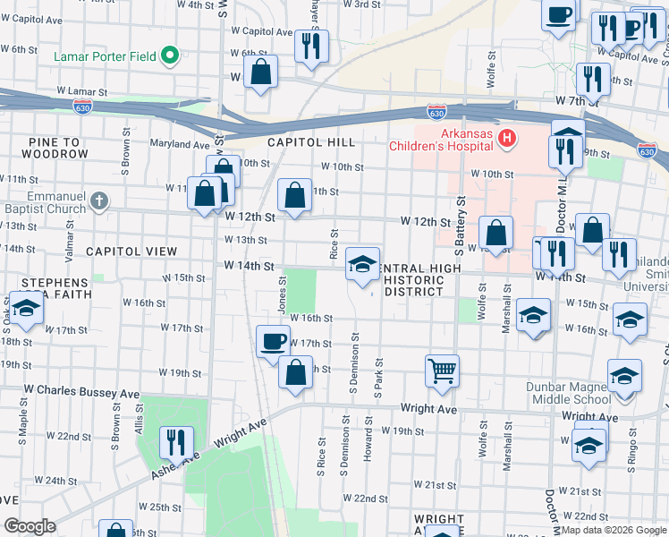 map of restaurants, bars, coffee shops, grocery stores, and more near 2399 West Daisy L Gatson Bates Drive in Little Rock