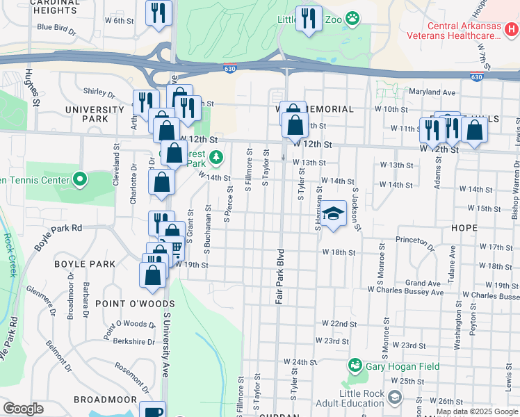 map of restaurants, bars, coffee shops, grocery stores, and more near 1419 South Taylor Street in Little Rock