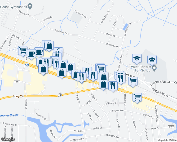 map of restaurants, bars, coffee shops, grocery stores, and more near 5058 U.S. 70 in Morehead City