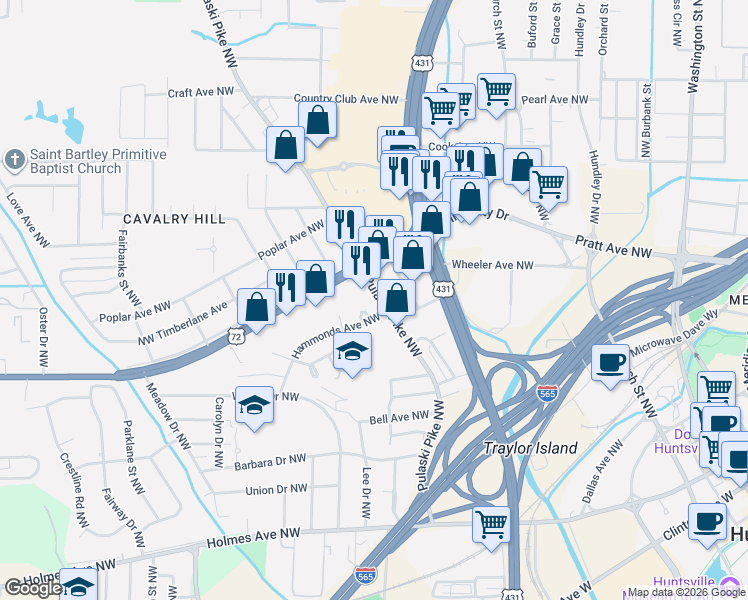 map of restaurants, bars, coffee shops, grocery stores, and more near 2011 University Drive Northwest in Huntsville
