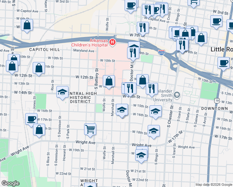 map of restaurants, bars, coffee shops, grocery stores, and more near 15 Children's Way in Little Rock