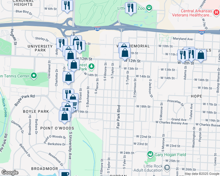 map of restaurants, bars, coffee shops, grocery stores, and more near 1419 South Taylor Street in Little Rock