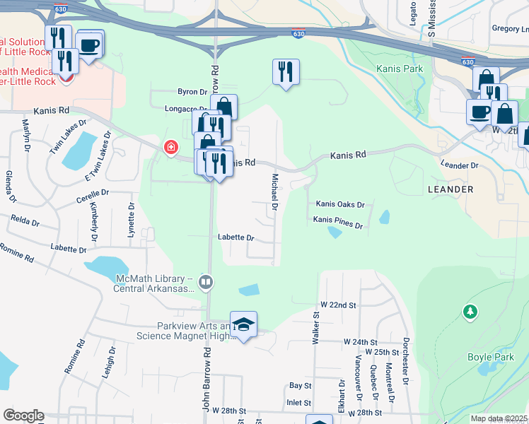 map of restaurants, bars, coffee shops, grocery stores, and more near 1501 Michael Drive in Little Rock