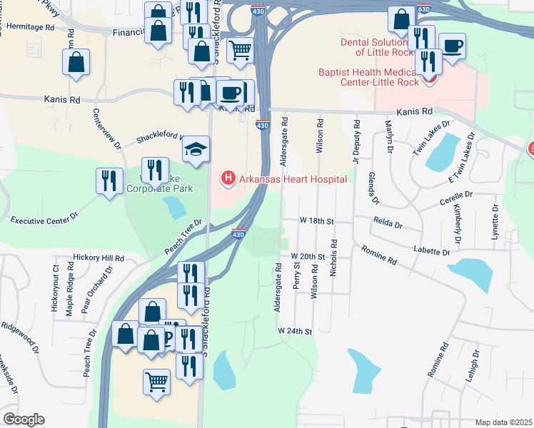 map of restaurants, bars, coffee shops, grocery stores, and more near 1600 Aldersgate Road in Little Rock