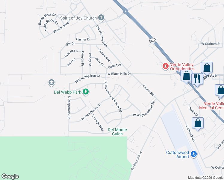 map of restaurants, bars, coffee shops, grocery stores, and more near 1810 West Trail Blazer Drive in Cottonwood