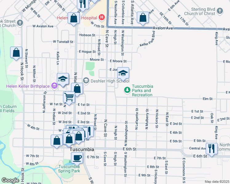 map of restaurants, bars, coffee shops, grocery stores, and more near 598 North High Street in Tuscumbia