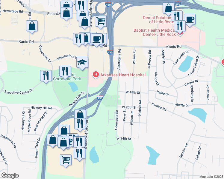 map of restaurants, bars, coffee shops, grocery stores, and more near 1718 Aldersgate Road in Little Rock
