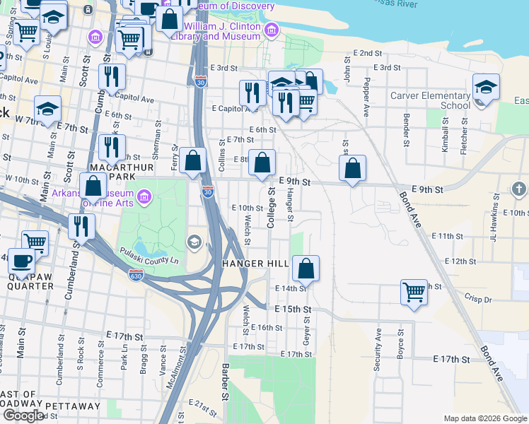 map of restaurants, bars, coffee shops, grocery stores, and more near 1000 College Street in Little Rock