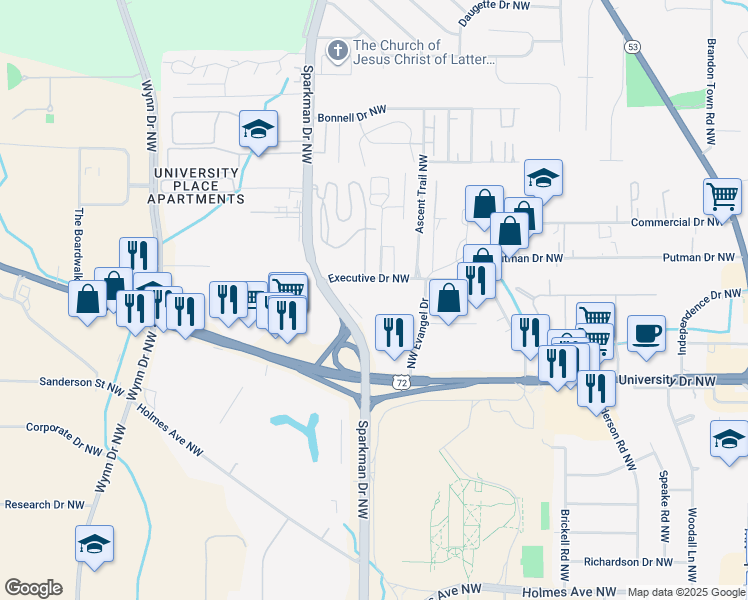 map of restaurants, bars, coffee shops, grocery stores, and more near 555 Executive Drive Northwest in Huntsville