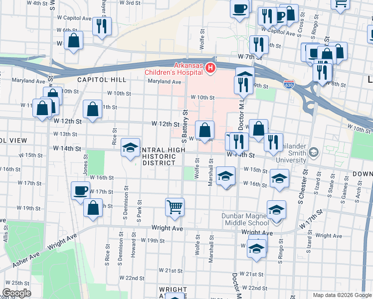 map of restaurants, bars, coffee shops, grocery stores, and more near 1809 West 13th Street in Little Rock