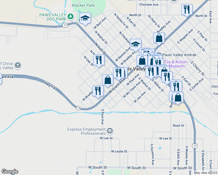 map of restaurants, bars, coffee shops, grocery stores, and more near 551-599 West Guy Avenue in Pauls Valley