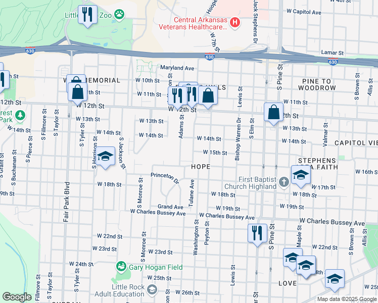 map of restaurants, bars, coffee shops, grocery stores, and more near 1403 Adams Street in Little Rock