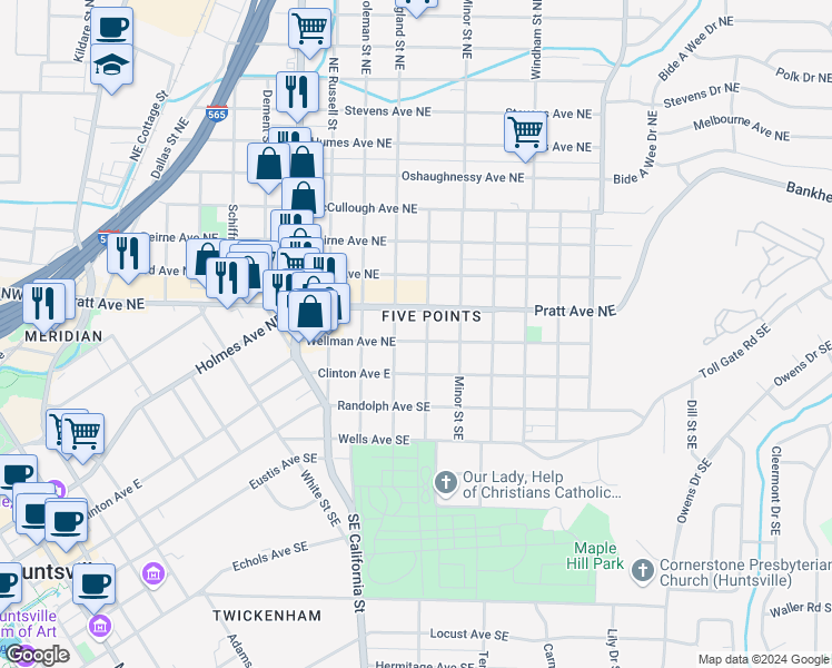 map of restaurants, bars, coffee shops, grocery stores, and more near 1117 Wellman Avenue Northeast in Huntsville