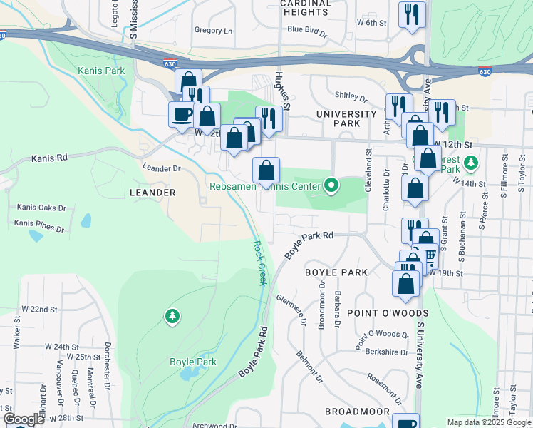 map of restaurants, bars, coffee shops, grocery stores, and more near 1501 Westpark Drive in Little Rock