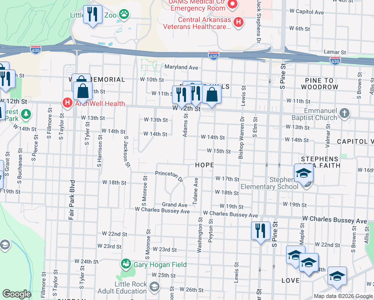 map of restaurants, bars, coffee shops, grocery stores, and more near 1403 Adams Street in Little Rock