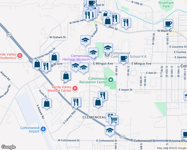 map of restaurants, bars, coffee shops, grocery stores, and more near 2013 East Mingus Avenue in Cottonwood