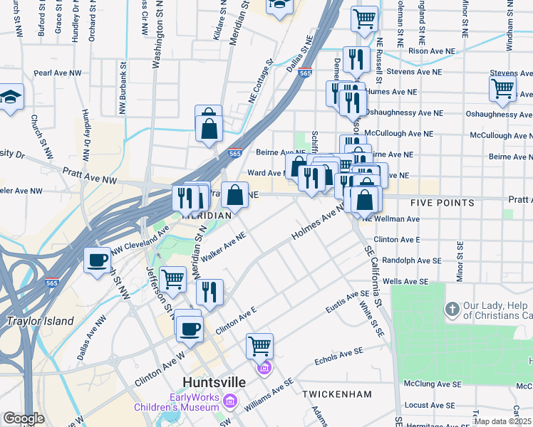 map of restaurants, bars, coffee shops, grocery stores, and more near 300A Pratt Avenue Northeast in Huntsville