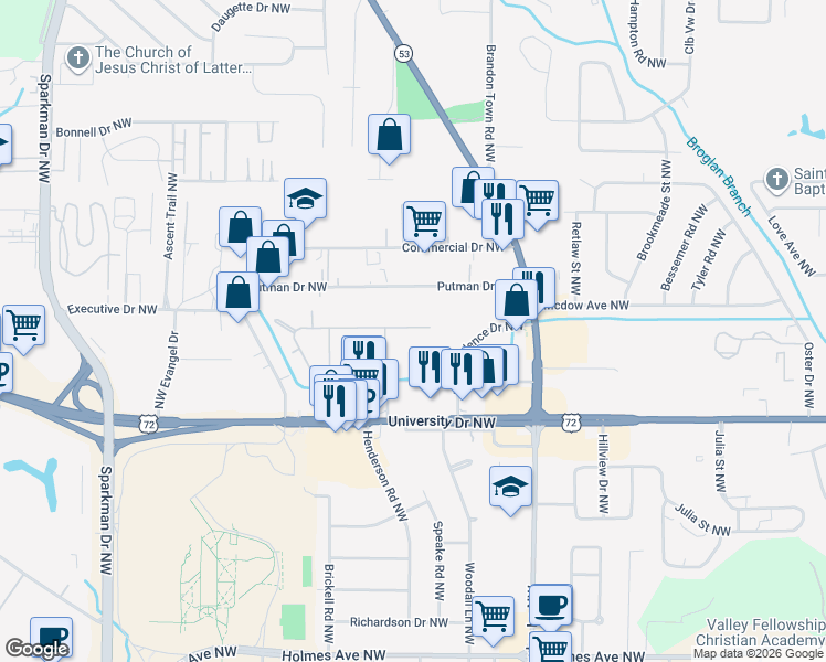 map of restaurants, bars, coffee shops, grocery stores, and more near 4228 Myrtlewood Drive Northwest in Huntsville
