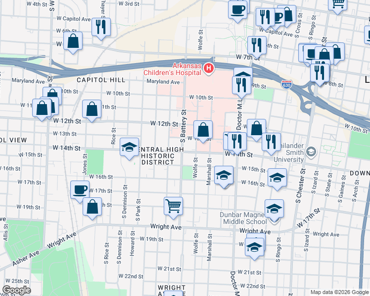 map of restaurants, bars, coffee shops, grocery stores, and more near 1809 West 13th Street in Little Rock