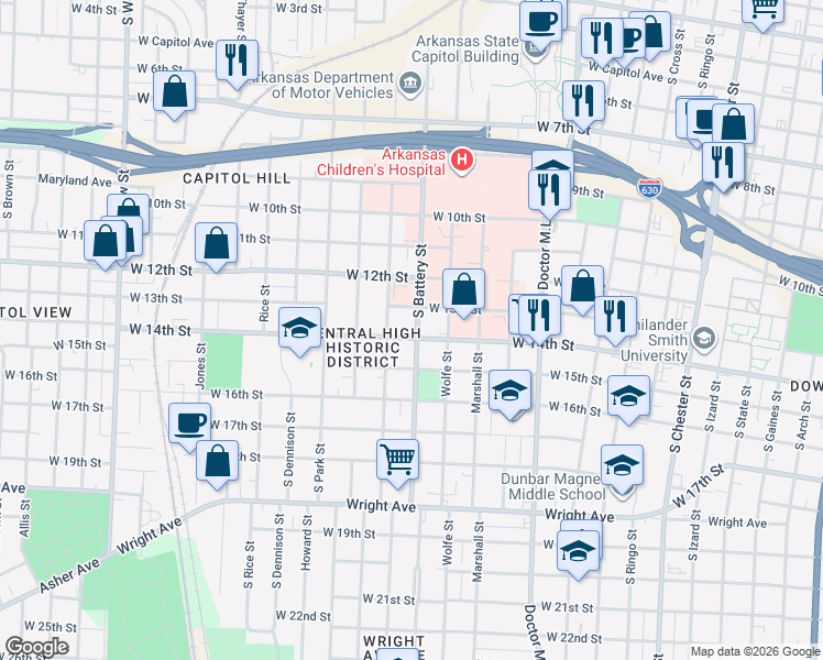 map of restaurants, bars, coffee shops, grocery stores, and more near 1307 South Summit Street in Little Rock