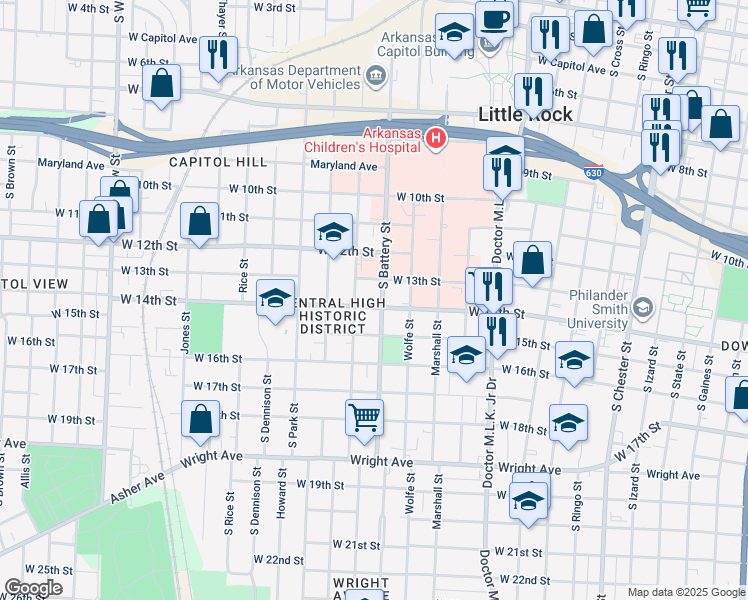 map of restaurants, bars, coffee shops, grocery stores, and more near 1307 South Summit Street in Little Rock